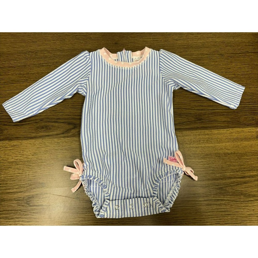 Ruffle Butts Blue and Pink Striped Kids Swim One Piece